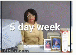 A Woman Is Sitting At A Desk With The Words 5 Day Week Behind Her GIF