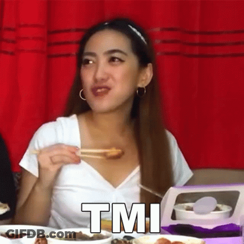 A Woman Is Sitting At A Table Eating Food With Chopsticks And The Word Tmi Is On The Bottom Of The Picture . GIF