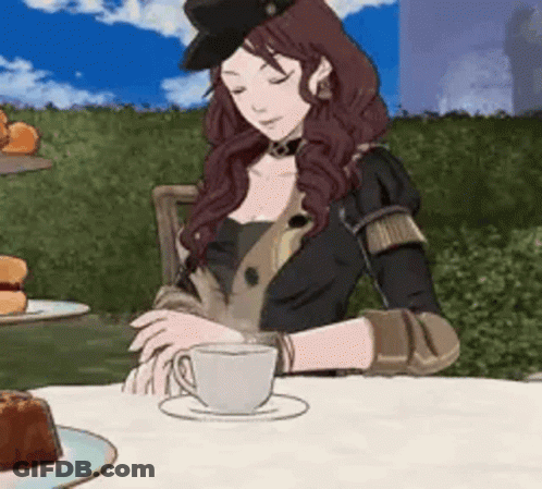 A Woman Is Sitting At A Table Holding A Cup Of Coffee . GIF