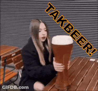 A Woman Is Sitting At A Table Holding A Large Glass Of Beer With The Words Takbeer Written Above Her GIF