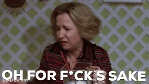 A Woman Is Sitting At A Table With A Glass Of Water And A Straw And Says Oh For Fuck 'S Sake . GIF