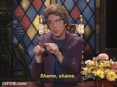 A Woman Is Sitting At A Table With Flowers And A Stained Glass Window Behind Her And Says Shame Shame . GIF