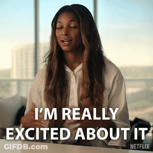 A Woman Is Sitting At A Table With Her Eyes Closed And The Words I 'M Really Excited About It Behind Her GIF