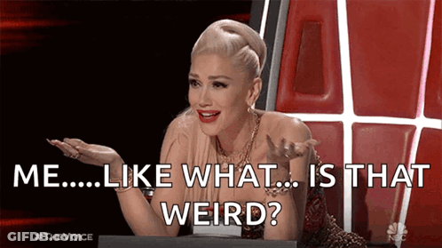 A Woman Is Sitting At A Table With The Words " Me ... Like What ... Is That Weird " Written On The Screen . GIF