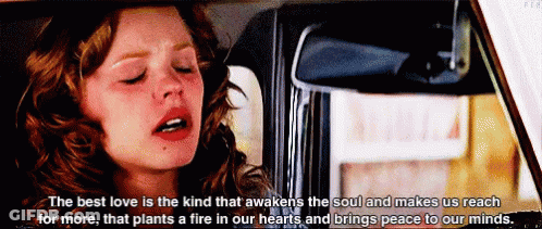 A Woman Is Sitting In A Car With Her Eyes Closed And A Quote About Love GIF