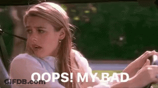 A Woman Is Sitting In A Car With The Words `` Oops ! My Bad '' On The Screen . GIF