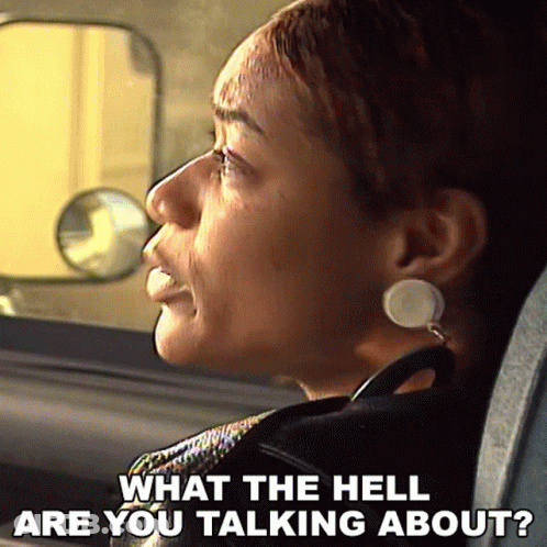 A Woman Is Sitting In A Car With The Words " What The Hell Are You Talking About " Above Her GIF