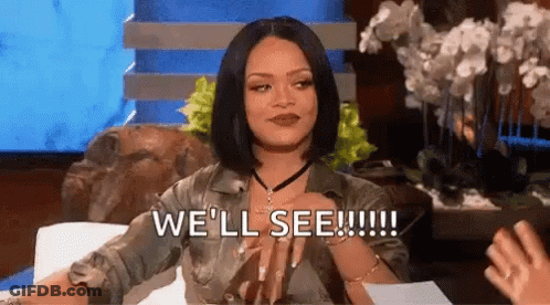 A Woman Is Sitting In A Chair Talking To Someone And Saying `` We 'Ll See '' . GIF