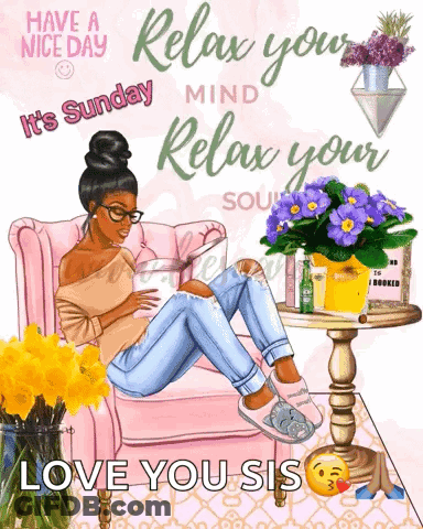 A Woman Is Sitting In A Chair With A Cup Of Coffee And Flowers . GIF