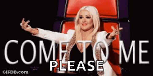 A Woman Is Sitting In A Chair With Her Arms Outstretched And The Words Come To Me Please Behind Her . GIF