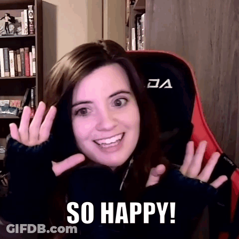 A Woman Is Sitting In A Chair With Her Arms Outstretched And The Words So Happy Written Below Her . GIF