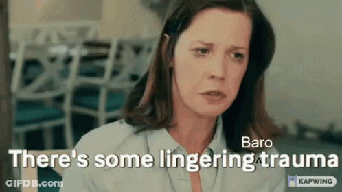 A Woman Is Sitting In A Chair With Her Eyes Closed And The Words There 'S Some Lingering Trauma . GIF