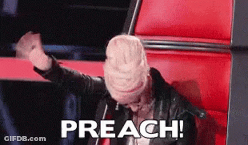 A Woman Is Sitting In A Chair With Her Fist In The Air And The Words Preach Written On The Screen Behind Her . GIF