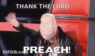 A Woman Is Sitting In A Chair With Her Hands In The Air And A Sign That Says Thank The Lord Preach . GIF