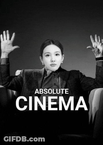 A Woman Is Sitting In A Chair With Her Hands In The Air And The Words Absolute Cinema Behind Her GIF