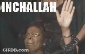 A Woman Is Sitting In A Chair With Her Hands In The Air And The Words Inchallah Written Above Her Head . GIF