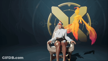 A Woman Is Sitting In A Chair With Her Legs Crossed In Front Of A Large X GIF