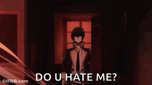 A Woman Is Sitting In A Chair With The Words `` Do U Hate Me '' Written On It . GIF