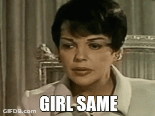 A Woman Is Sitting In A Chair With The Words `` Girl Same '' On Her Face . GIF