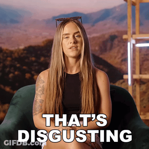 A Woman Is Sitting In A Chair With The Words That 'S Disgusting On The Bottom GIF