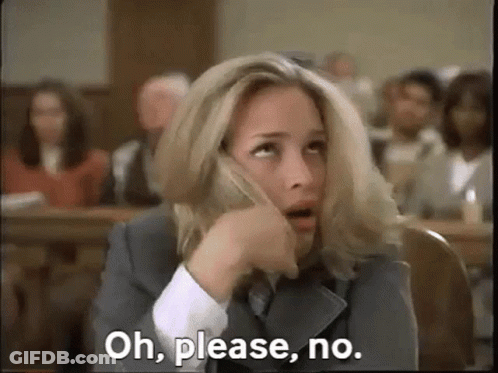 A Woman Is Sitting In A Courtroom Talking On A Cell Phone And Says `` Oh , Please , No . '' GIF