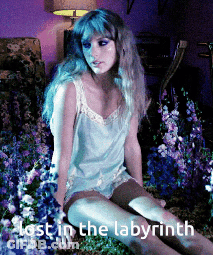 A Woman Is Sitting In A Field Of Flowers With The Words Lost In The Labyrinth Below Her GIF