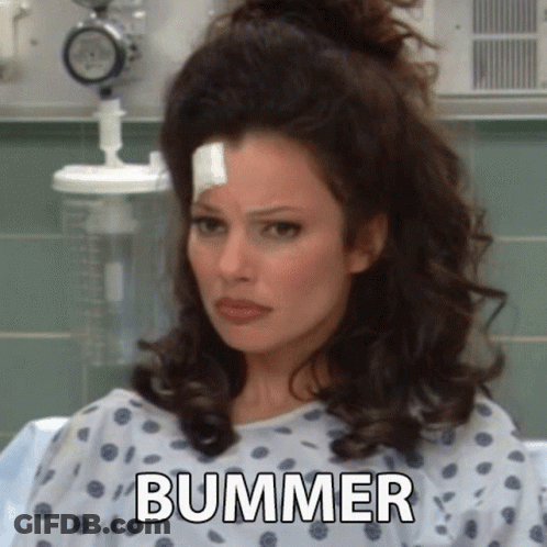 A Woman Is Sitting In A Hospital Bed With A Bandage On Her Head And The Words Bummer Written On The Bottom . GIF