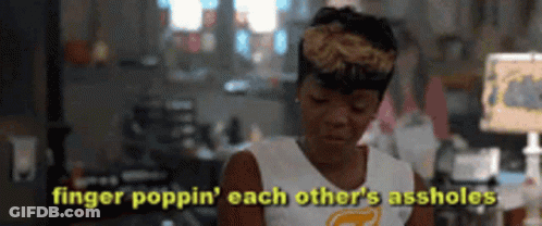 A Woman Is Sitting In A Living Room With The Words Finger Poppin ' Each Other 'S Assholes Above Her . GIF