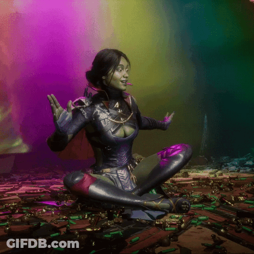 A Woman Is Sitting In A Lotus Position In Front Of A Pile Of Bullets GIF