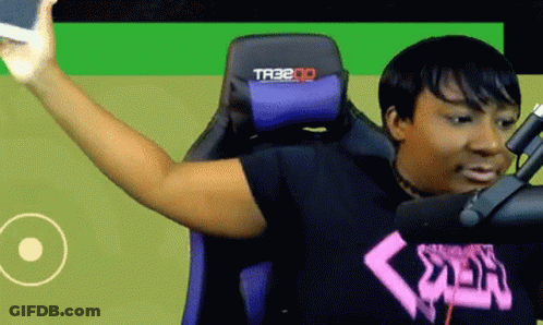 A Woman Is Sitting In A Purple Chair With The Word Tr3b On It GIF