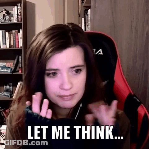 A Woman Is Sitting In A Red Chair With Her Hands Up And The Words `` Let Me Think '' Written On The Screen . GIF