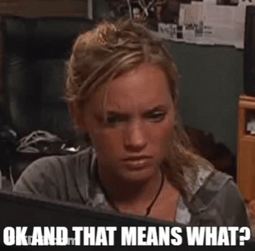 A Woman Is Sitting In Front Of A Computer Screen With The Words `` Ok And That Means What '' Written Below Her . GIF