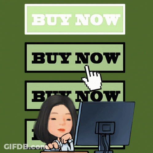A Woman Is Sitting In Front Of A Computer With A Buy Now Button Above Her Head GIF
