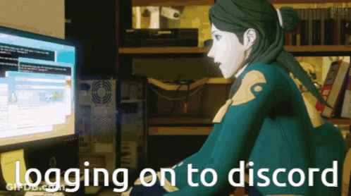 A Woman Is Sitting In Front Of A Computer With The Words " Logging On To Discord " On The Bottom GIF