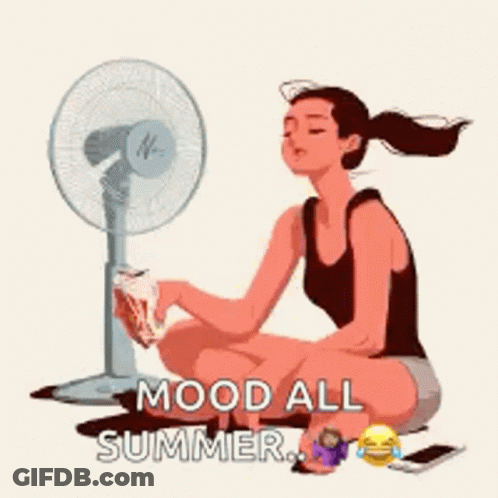 A Woman Is Sitting In Front Of A Fan With Her Eyes Closed And A Drink In Her Hand . GIF