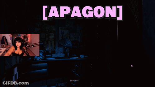 A Woman Is Sitting In Front Of A Microphone In A Dark Room With The Words [ Apagon ] Above Her GIF