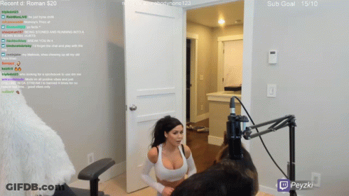 A Woman Is Sitting In Front Of A Microphone With A Sub Goal Of 15/10 GIF