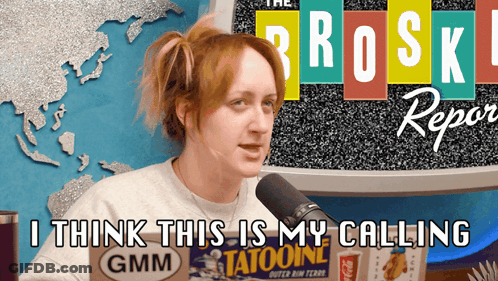 A Woman Is Sitting In Front Of A Microphone With The Words I Think This Is My Calling Gmm Below Her GIF