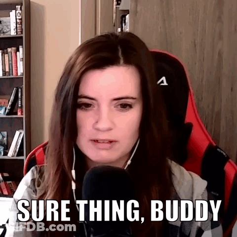 A Woman Is Sitting In Front Of A Microphone With The Words Sure Thing Buddy Written Below Her GIF