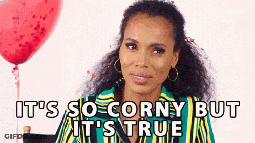 A Woman Is Sitting In Front Of A Red Balloon With The Words `` It 'S So Corny But It 'S True '' GIF