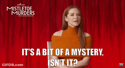 A Woman Is Sitting In Front Of A Red Curtain With Mistletoe Murders Written On It GIF