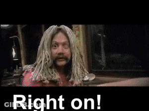 A Woman Is Sitting In Front Of A Sign That Says Right On .. GIF
