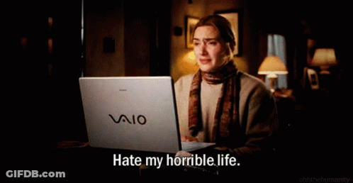 A Woman Is Sitting In Front Of A Vaio Laptop And Says " Hate My Horrible Life " GIF