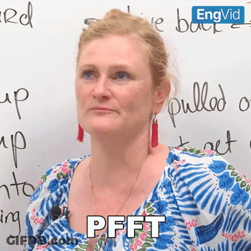 A Woman Is Sitting In Front Of A White Board And The Word Pfft Is On Her Shirt GIF