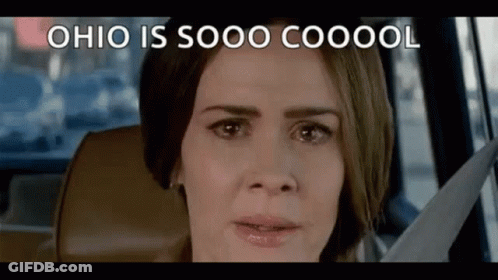 A Woman Is Sitting In The Back Seat Of A Car With The Words Ohio Is Sooo Coool Written On The Screen . GIF