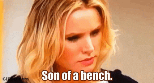 A Woman Is Sitting On A Bench With The Words Son Of A Bench Written On Her Face . GIF