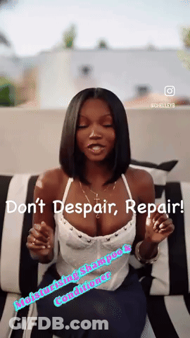 A Woman Is Sitting On A Black And White Striped Couch With The Words " Do N't Despair Repair " On The Bottom GIF