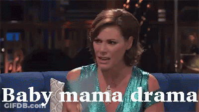 A Woman Is Sitting On A Blue Couch With The Words Baby Mama Drama Written On The Bottom GIF