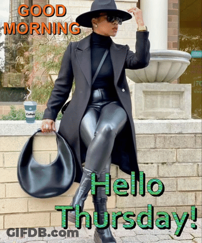 A Woman Is Sitting On A Brick Wall Holding A Purse And A Cup Of Coffee And Says Good Morning GIF