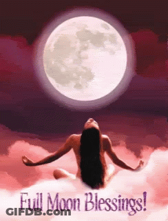 A Woman Is Sitting On A Cloud With Her Arms Outstretched In Front Of A Full Moon GIF
